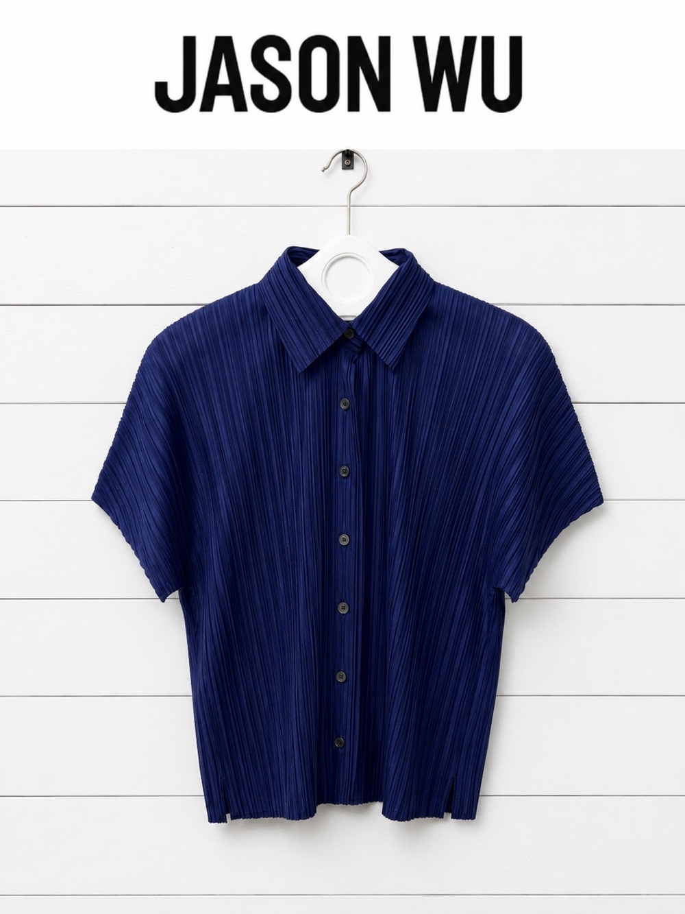 Jason Wu Navy Pleated Button-Up Blouse – Size M